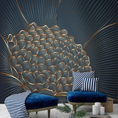 Blue flower with gold, Line Art, Ταπετσαρίες Τοίχου, 100 x 100 εκ.